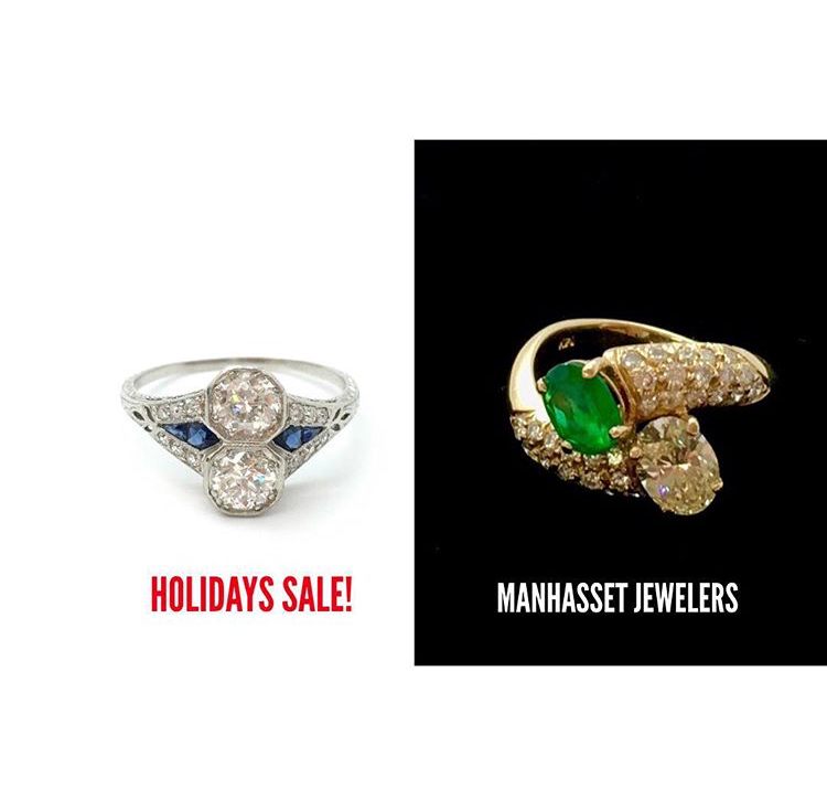 white gold, diamond and sapphire ring & yellow gold, diamond and emerald ring 