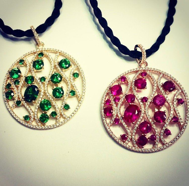 Ruby and emerald diamond pendant in yellow or white gold