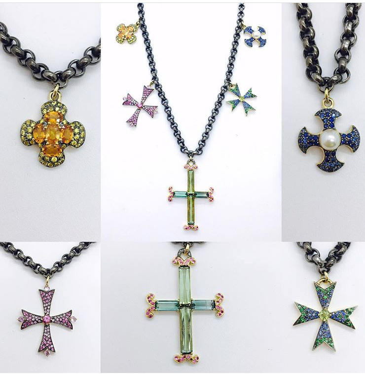 I8 K Gothic cross necklace unique one-of-a-kind crosses, precious and semi-precious stones.
